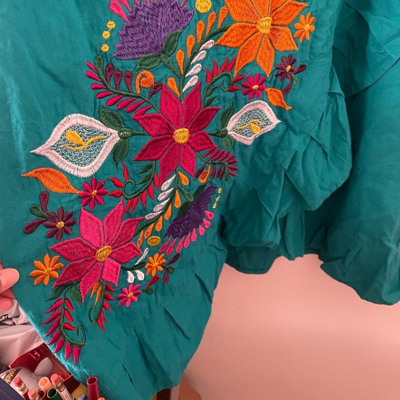 Teal Mexican Embroidered Dress, 1x/2x - Picture 5 of 7